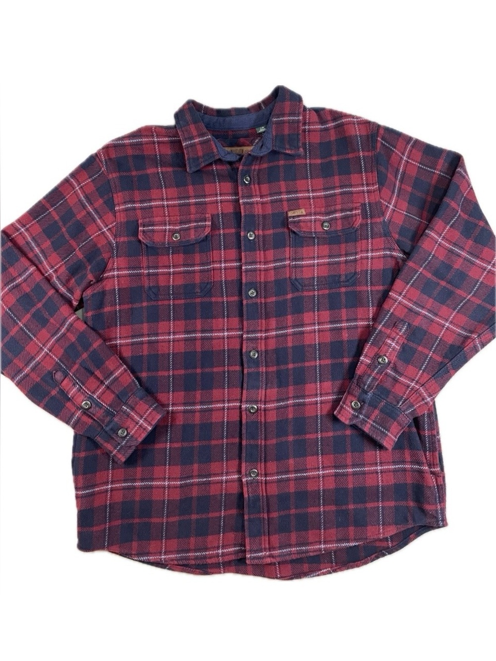 Orvis Big Bear Heavyweight Flannel Shirt Mens L Sangria Red Navy Plaid Work